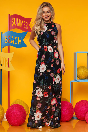 Black dress casual daily from veil fabric cloche halter neck with elastic waist