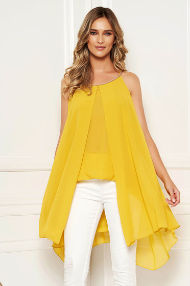 Mustard women`s blouse cloche short cut from veil fabric daily voile overlay sleeveless