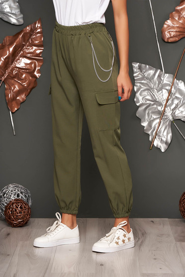 Khaki trousers casual high waisted lateral pockets with an accessory