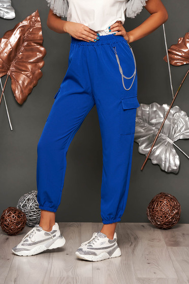 Blue trousers casual high waisted lateral pockets with an accessory