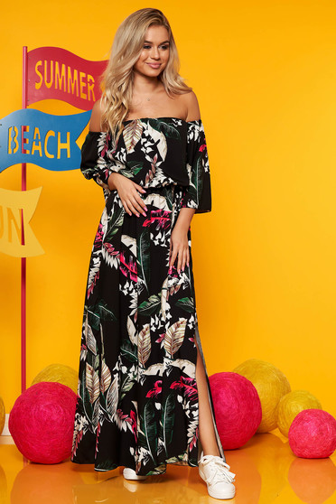 Black dress maxi dresses daily elastic waist with floral print large sleeves cloche