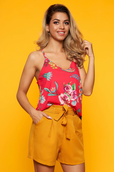 Pink top shirt with floral print flared thin straps with v-neckline casual