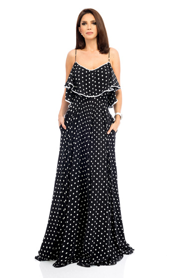 Black dress occasional long with pockets with deep cleavage with ruffles on the chest