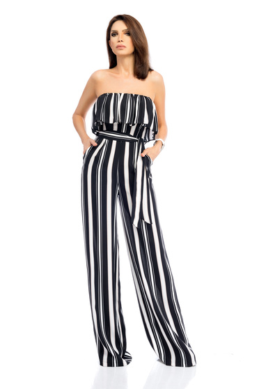 Darkblue jumpsuit accessorized with tied waistband elegant long with ruffles on the chest flared pants