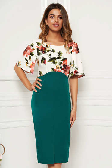 Green dress with butterfly sleeves elegant daily pencil midi with floral print slightly elastic fabric