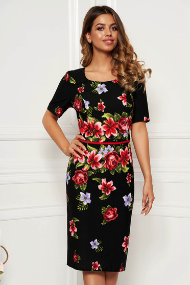 Black dress elegant daily midi pencil short sleeves without clothing with floral print