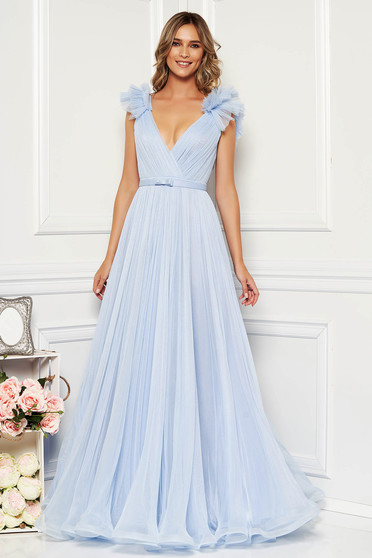 Ana Radu lightblue luxurious dress from tulle with inside lining with deep cleavage with push-up cups