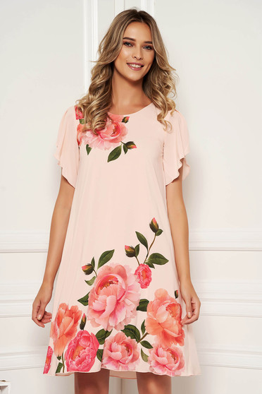 StarShinerS peach dress elegant daily cloche from veil fabric with floral print with butterfly sleeves