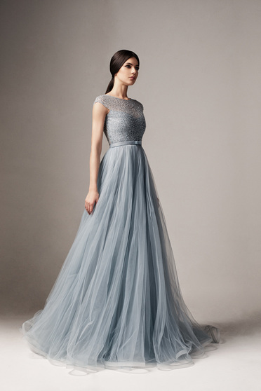 Ana Radu grey occasional net cloche dress with small beads embellished details