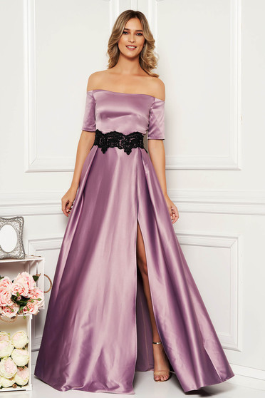 Occasional lila dress from satin fabric texture with embroidery details cloche long