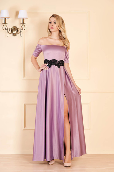 Occasional lila dress from satin fabric texture with embroidery details cloche long