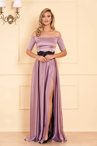 Occasional lila dress from satin fabric texture with embroidery details cloche long