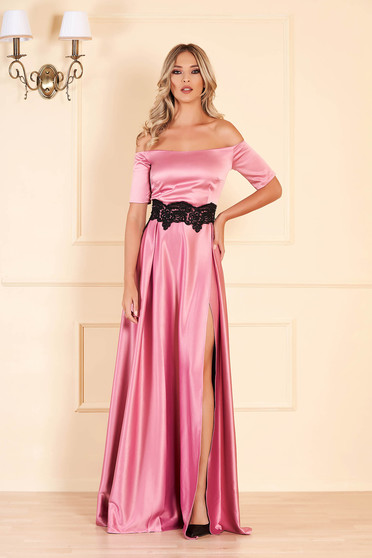 Occasional pink dress from satin fabric texture with embroidery details cloche long