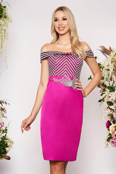 Purple dress from satin fabric texture elegant occasional midi pencil net shoulders