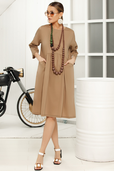 Brown casual daily flared dress with 3/4 sleeves
