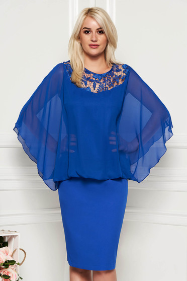 Blue occasional midi dress non-flexible thin fabric voile overlay with lace details