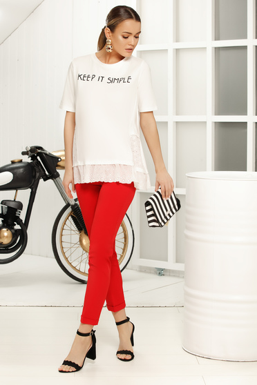 White t-shirt casual with rounded cleavage flared texted