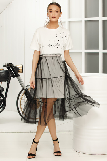 Casual flared white dress short sleeves voile overlay