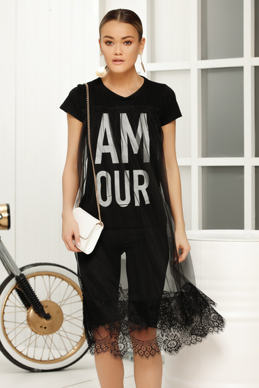 Black casual with easy cut t-shirt short sleeves fabric overlay