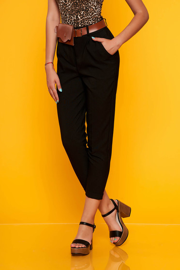 Black trousers casual straight medium waist with pockets accessorized with belt