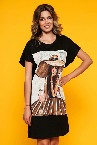 Black dress casual short cut cotton lycra with graphic details