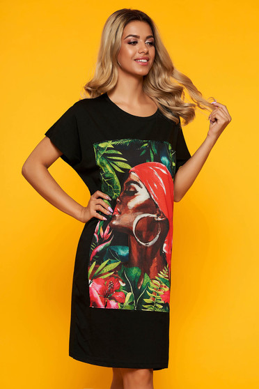 Black dress casual straight short cut cotton with graphic details