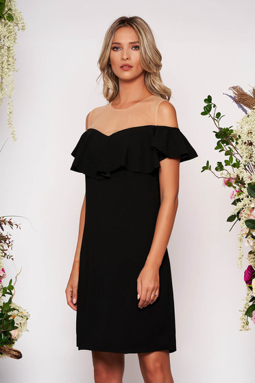Black dress elegant straight midi with ruffles on the chest net shoulders without clothing