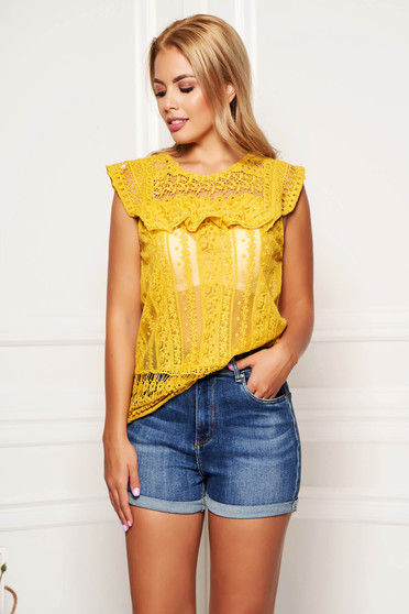 Mustard women`s blouse short sleeve casual short cut flared from laced fabric