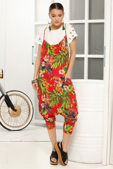 Red jumpsuit casual flared with floral print loose cut and rise with straps