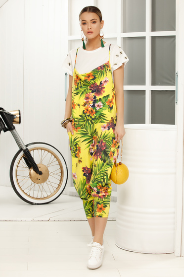 Yellow jumpsuit casual flared with floral print loose cut and rise with straps