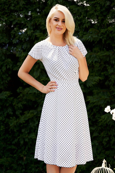 White dress elegant daily dots print with rounded cleavage cloche midi