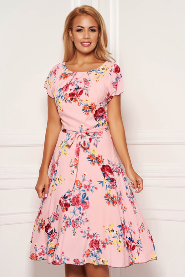 Pink daily midi cloche dress nonelastic fabric with floral print accessorized with tied waistband