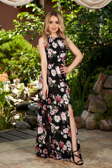 Black dress daily maxi dresses halter neck naked shoulders with floral print