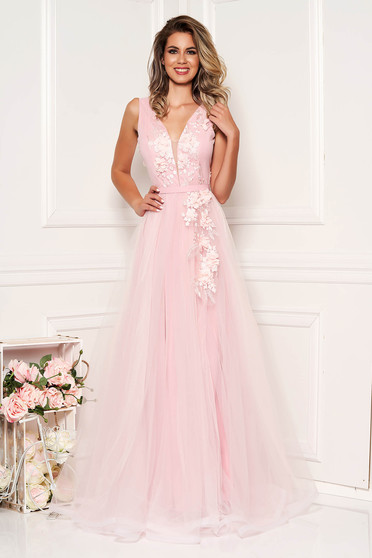 StarShinerS lightpink occasional cloche dress from tulle with deep cleavage with push-up cups with floral details with 3d effect
