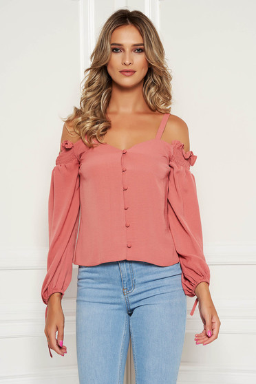 StarShinerS bricky top shirt casual flared short cut with straps naked shoulders with button accessories