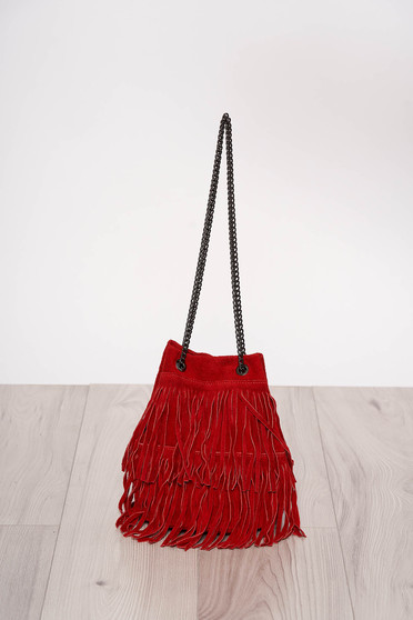 Red casual bag with fringes long chain handle