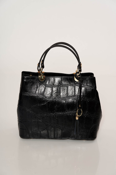 Black bag elegant short handles dettachable shoulder strap snake print natural leather