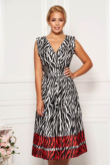 Red dress daily midi cloche with v-neckline accessorized with tied waistband sleeveless