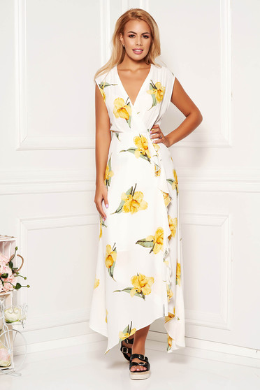 White dress daily asymmetrical midi with floral print wrap around with buttons