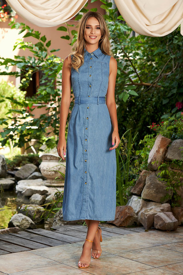 Blue dress casual midi straight cotton sleeveless detachable cord