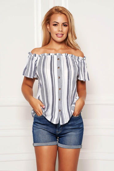 Blue women`s blouse casual short cut flared on the shoulders slightly transparent fabric with stripes