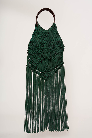 Green bag casual with fringes round wooden handles with inside lining