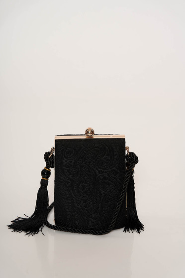 Black bag occasional laced long, adjustable handle with tassels