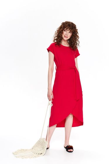Pink dress casual midi asymmetrical neckline accessorized with tied waistband