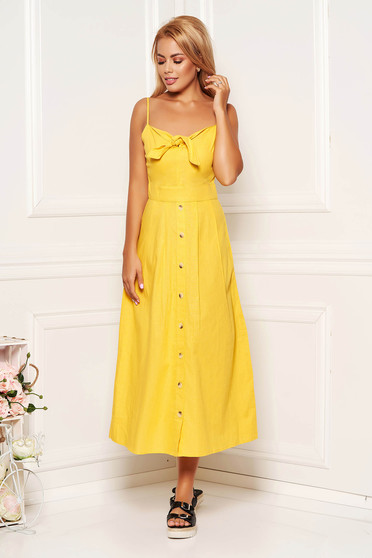 Yellow dress daily midi cotton linen without clothing adjustable straps