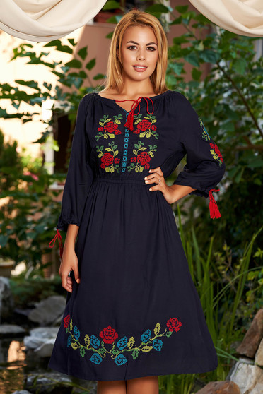 Darkblue daily cloche dress with elastic waist front embroidery