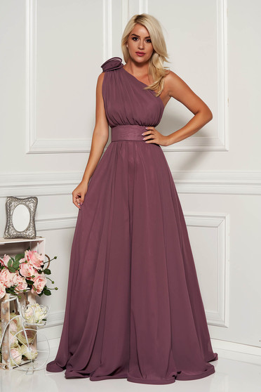 Ana Radu lightpurple cloche dress from veil fabric accessorized with tied waistband long one shoulder luxurious