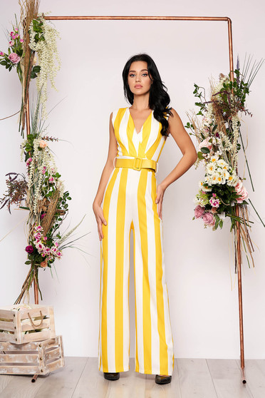 Yellow jumpsuit elegant with stripes flared sleeveless accessorized with belt with v-neckline