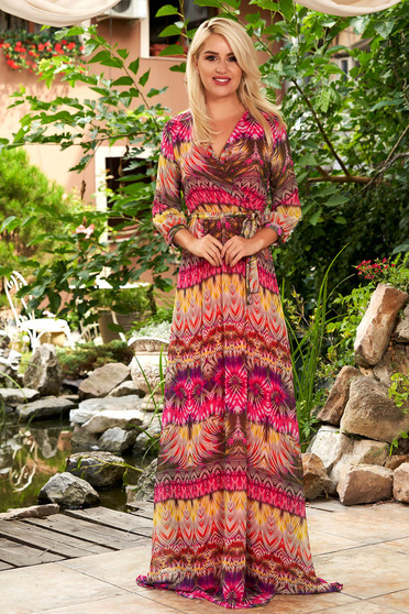 Pink dress daily maxi dresses cloche from veil fabric with graphic details with v-neckline with elastic waist