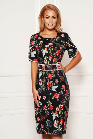 Black dress elegant daily midi pencil cotton with floral print neckline